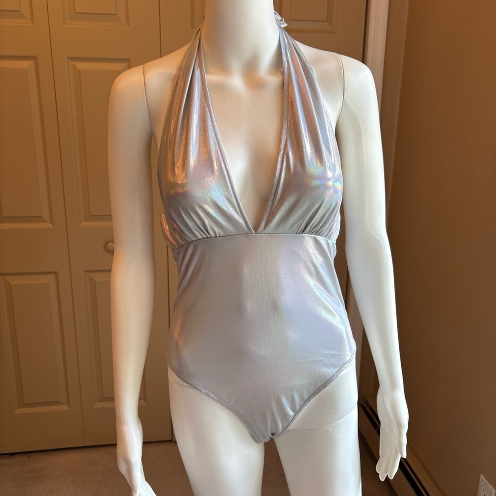 Silver iridescent deep V bodysuit